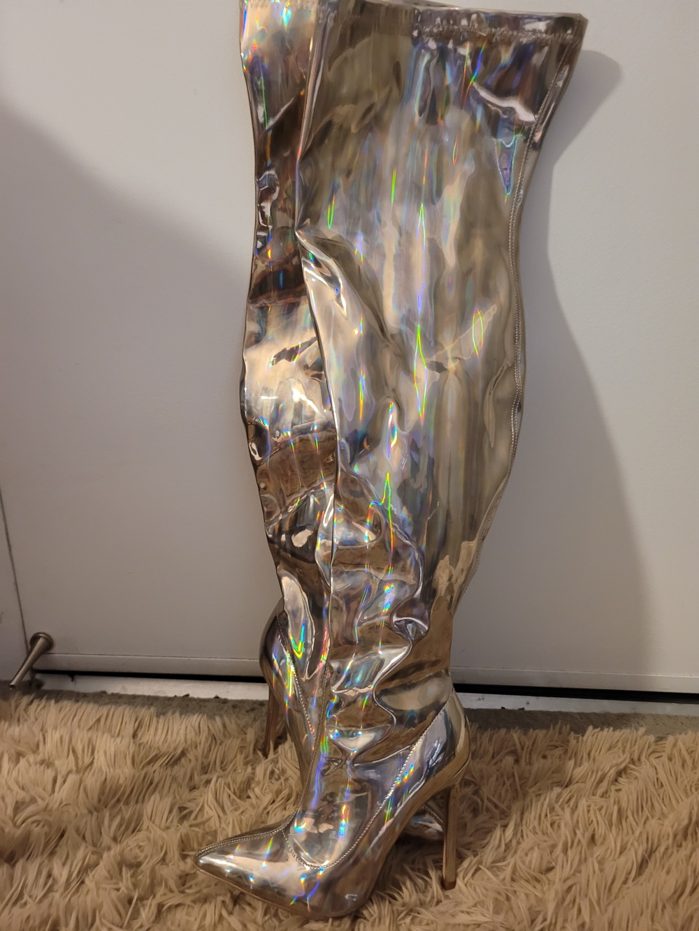Lemon Drop Iridescent Silver Over-the-Knee Stiletto Boots - Women's Sz 7